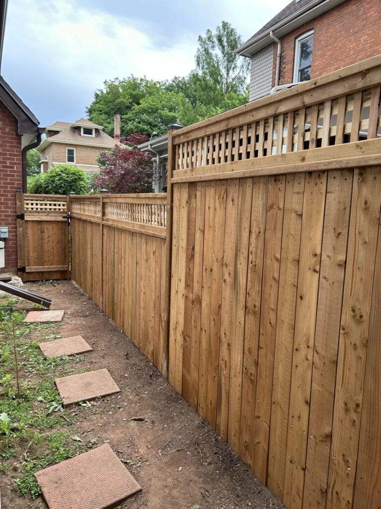 Single board privacy fence and gate with lattice on top down the side between two houses